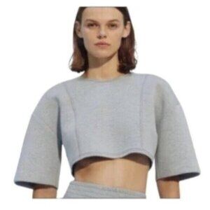 NWT Zara Light Grey Neoprene Cropped Crew Neck Sweatshirt Casual Top Small